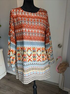 Patterned Boho Tunic Top in Orange and Blue